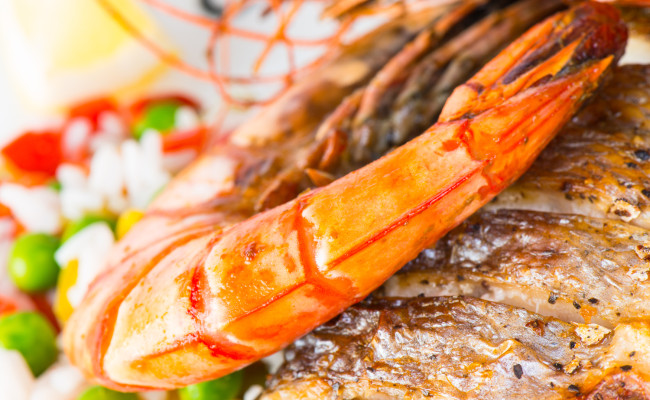 Giant prawns with sea bass fish.