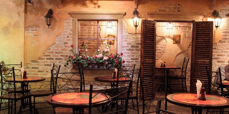 retro restaurant interior with trees